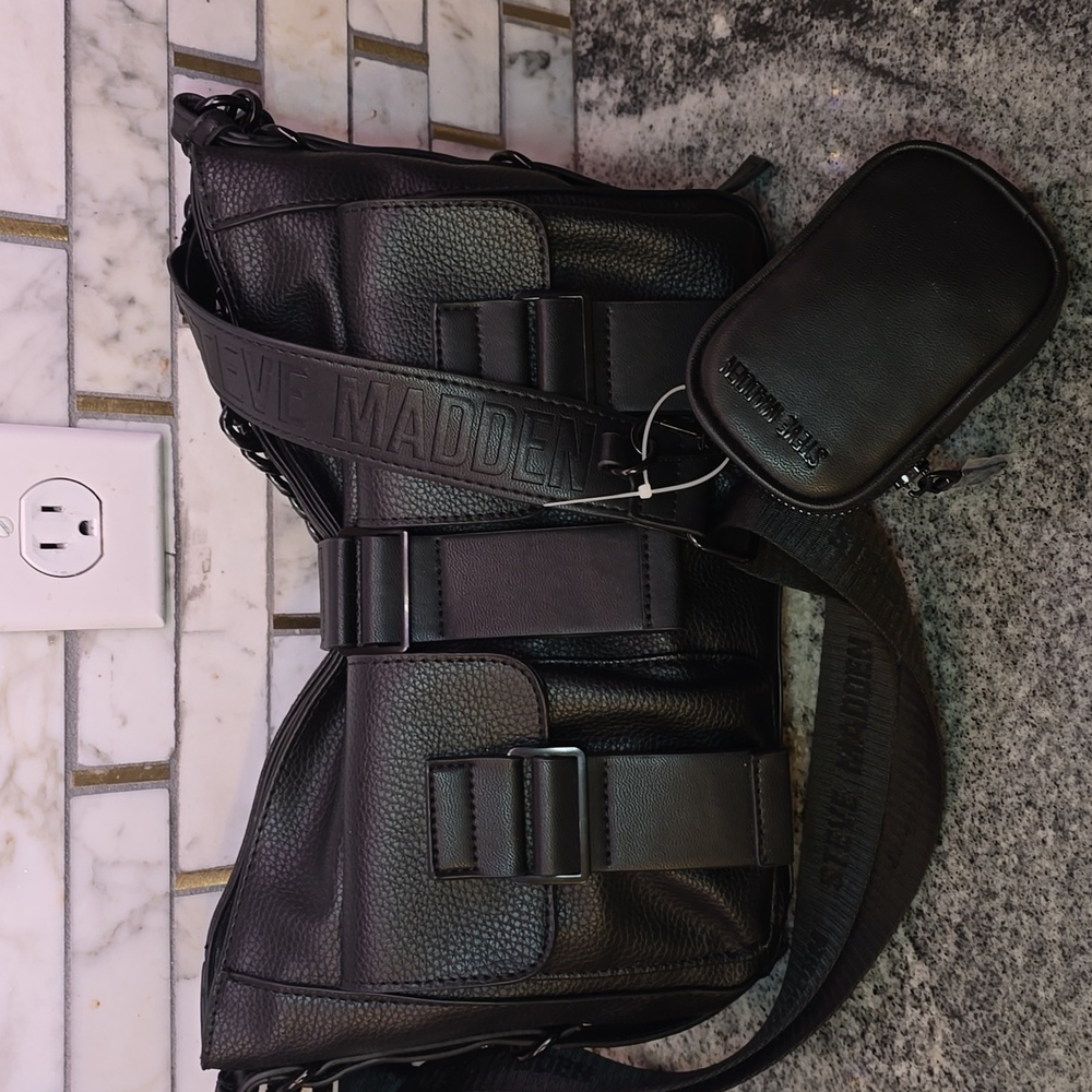 Steve Madden Black Pebbled Leather Crossbody Bag with Strap Pouch